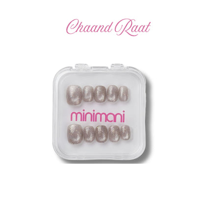 Minimani Chaand Raat press-on nail set, short silver cat-eye nails with holographic glitter