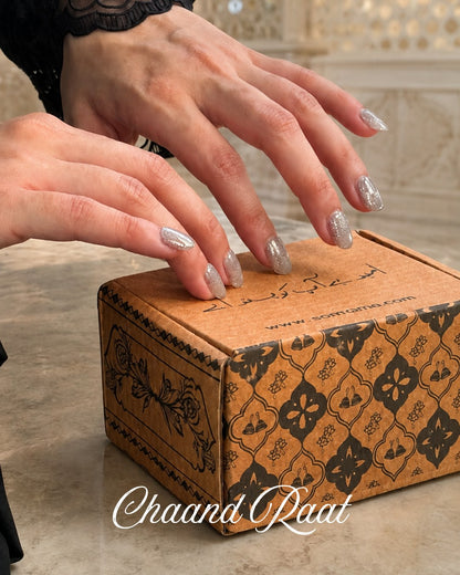 Minimani Chaand Raat silver cat-eye press-on nails worn on hand