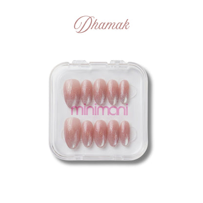 Minimani Dhamak press-on nail set, sheer pink cat-eye oval nails with glitter