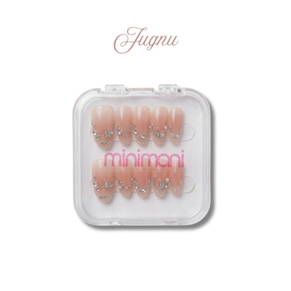 Minimani Jugnu press-on nail set, nude pink almond nails with silver butterflies and crystals