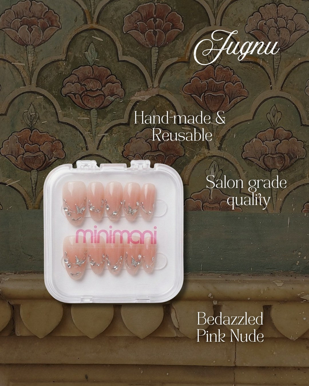 Minimani Jugnu press-on nails set, butterfly crystal almond