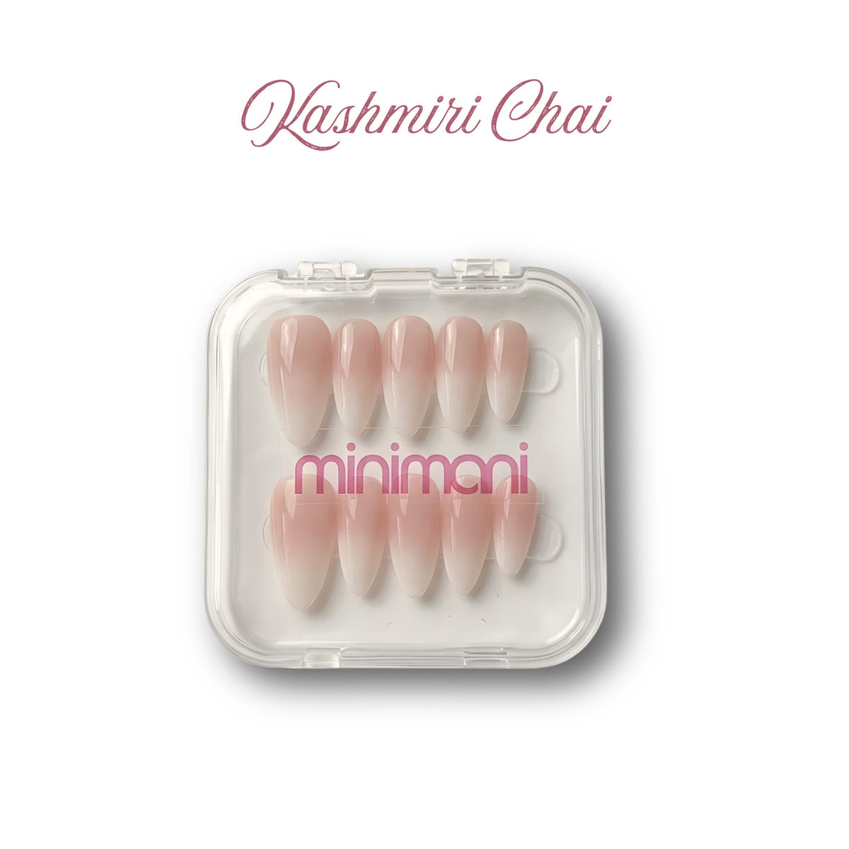 Minimani Kashmiri Chai press-on nail set, long almond pink to milky ombre nails