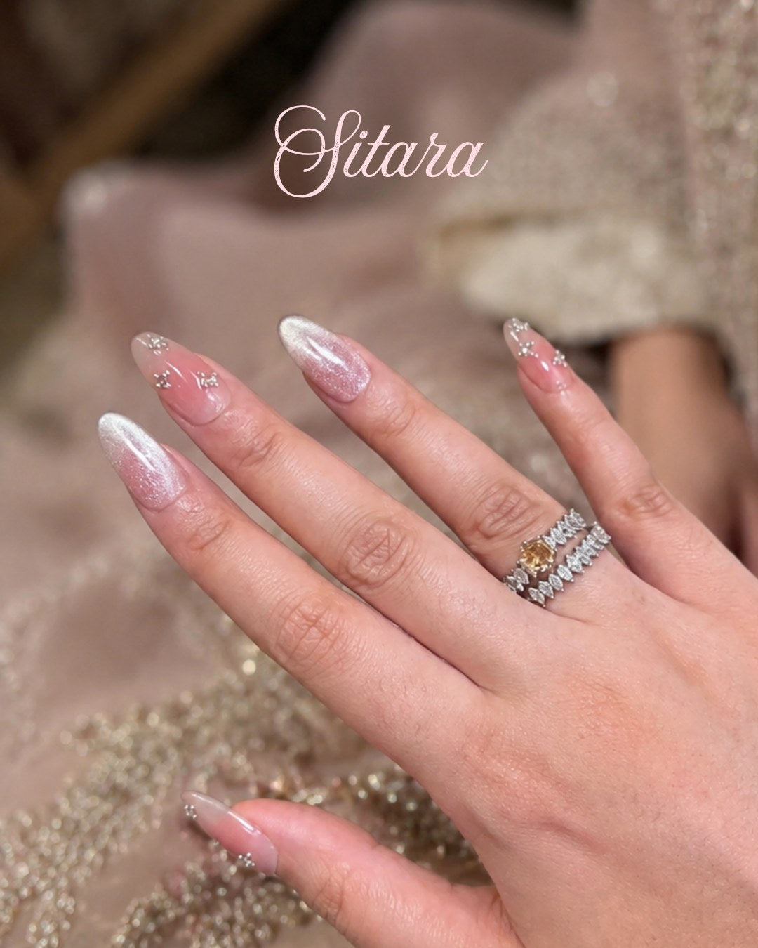 Minimani Sitara rhinestone press-on nails worn on hand