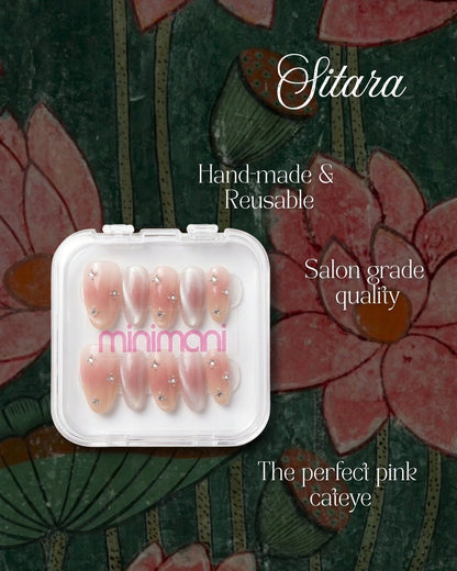 Minimani Sitara press-on nails set, pink rhinestone almond
