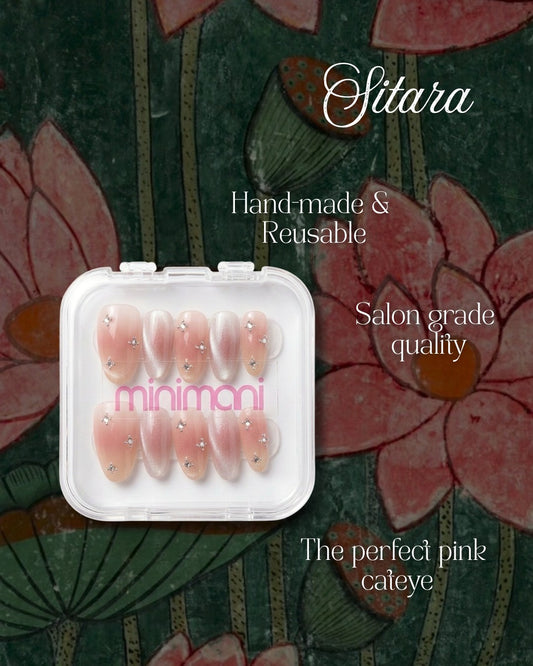 Minimani Sitara press-on nails set, pink rhinestone almond