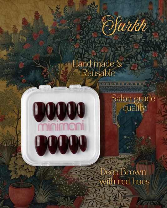 Minimani Surkh press-on nails set, deep red almond