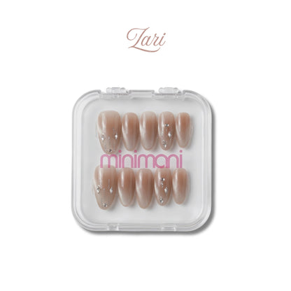 Minimani Zari press-on nail set, mocha nude cat-eye almond nails with rhinestones