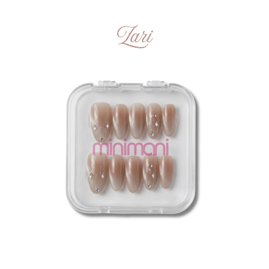 Minimani Zari press-on nail set, mocha nude cat-eye almond nails with rhinestones