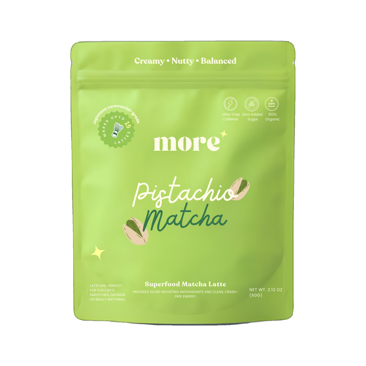 More Superfoods Pistachio Matcha Latte 60g pouch ceremonial grade superfood blend on transparent background