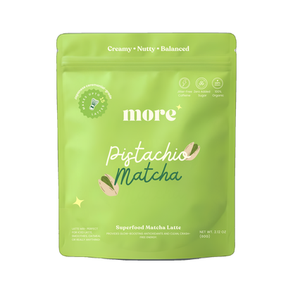 More Superfoods Pistachio Matcha Latte 60g pouch ceremonial grade superfood blend on transparent background