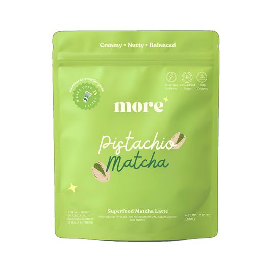 More Superfoods Pistachio Matcha Latte 60g pouch ceremonial grade superfood blend on transparent background