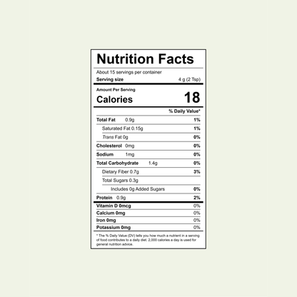 Nutrition facts for More Superfoods Pistachio Matcha Latte 18 calories per serving