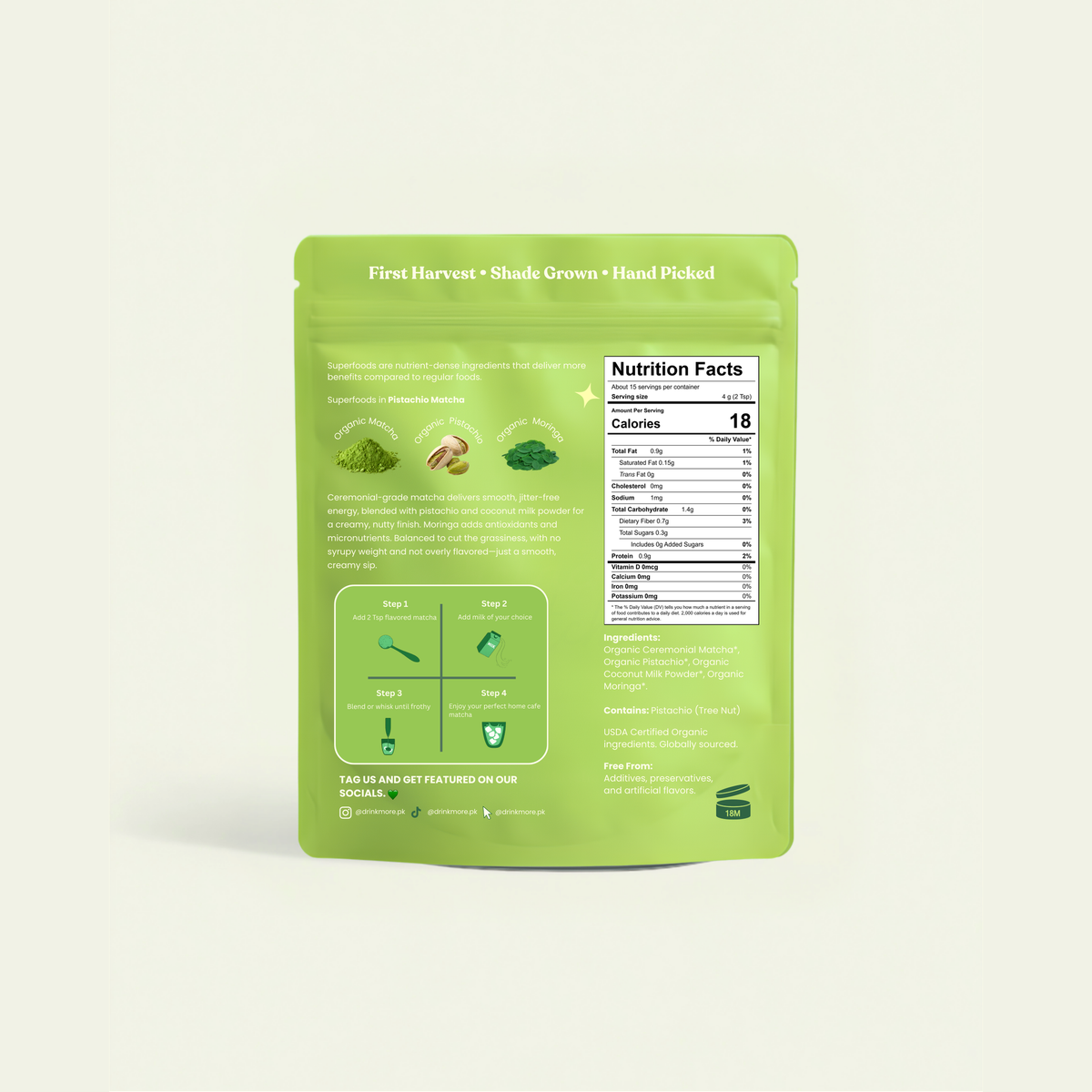More Superfoods Pistachio Matcha pouch back with ingredients and nutrition label