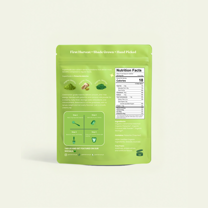 More Superfoods Pistachio Matcha pouch back with ingredients and nutrition label