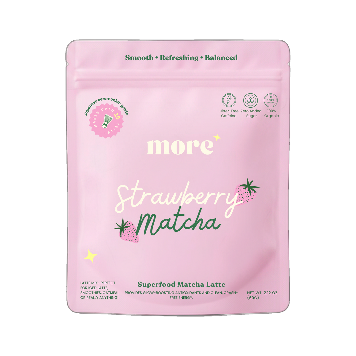 More Superfoods Strawberry Matcha Latte 60g pouch ceremonial grade superfood blend on transparent background