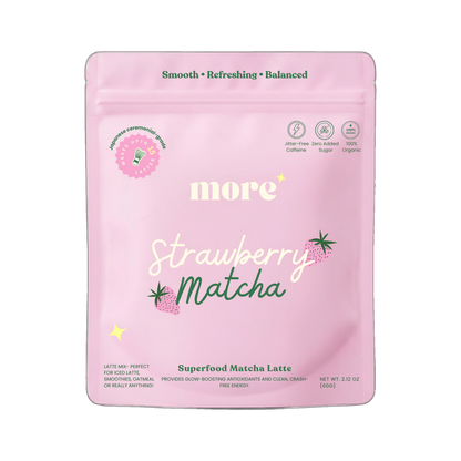 More Superfoods Strawberry Matcha Latte 60g pouch ceremonial grade superfood blend on transparent background