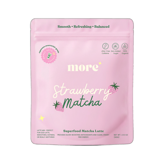More Superfoods Strawberry Matcha Latte 60g pouch ceremonial grade superfood blend on transparent background