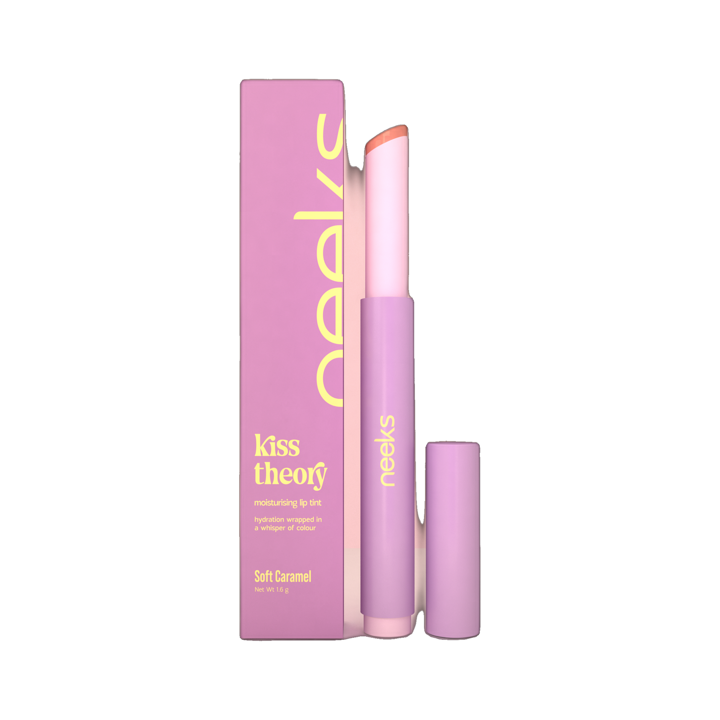 Neeks Kiss Theory Soft Caramel moisturising lip tint with box on transparent background