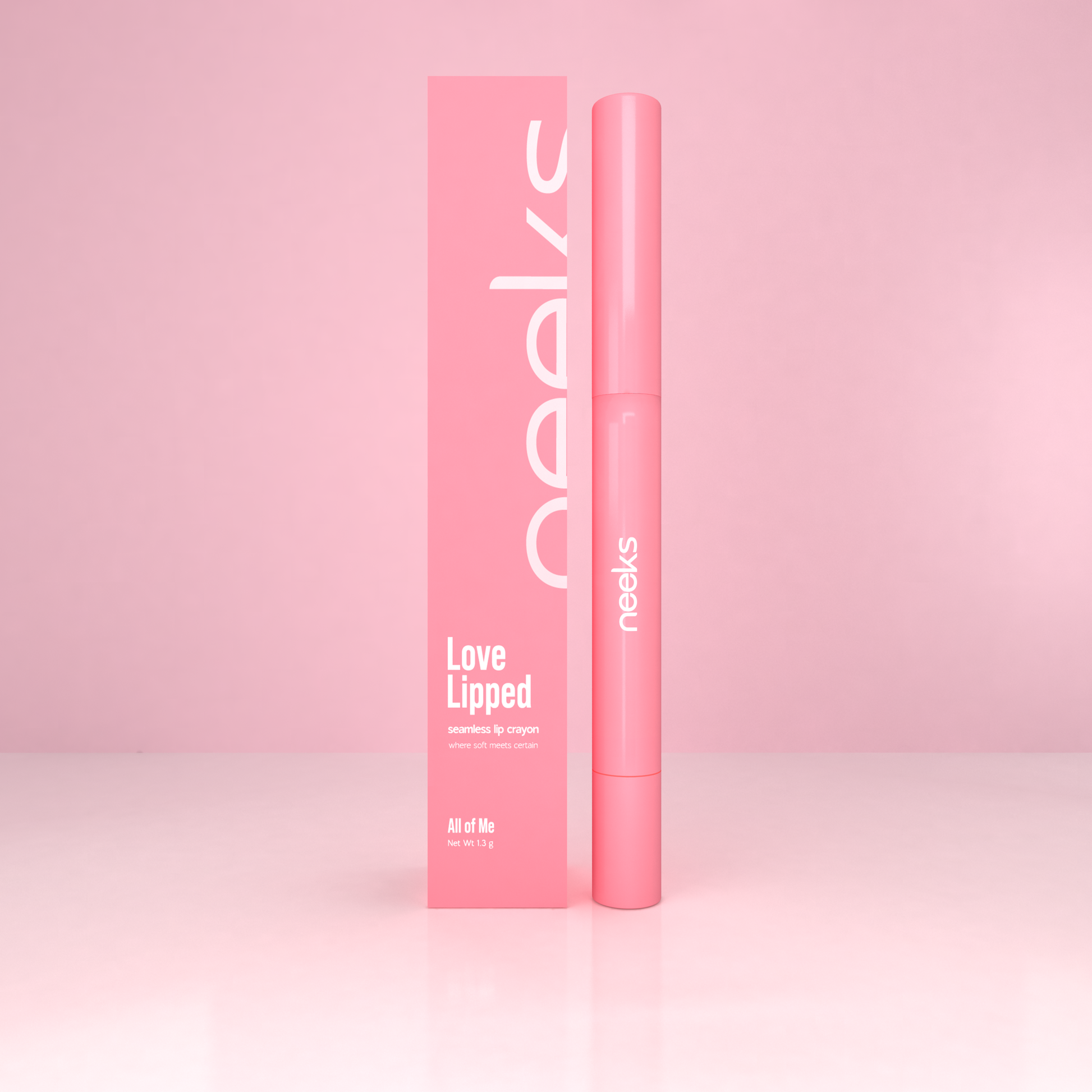 Neeks Love Lipped All of Me lip crayon closed beside its box