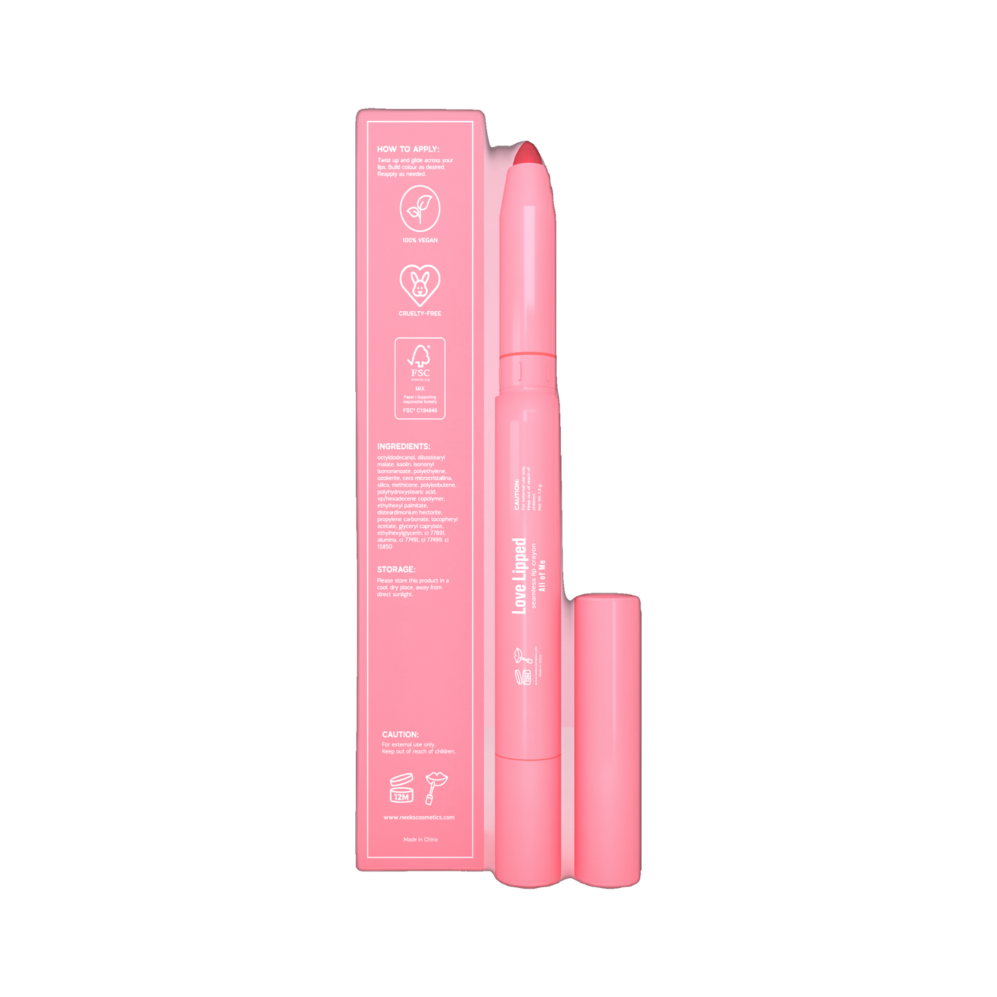 Neeks Love Lipped Untamed Bloom seamless lip crayon open with box on transparent background