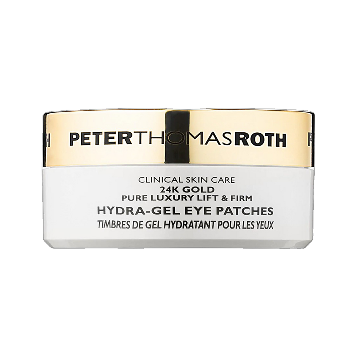 Peter Thomas Roth 24K Gold Pure Luxury Lift and Firm Hydra Gel Eye Patches jar on transparent background