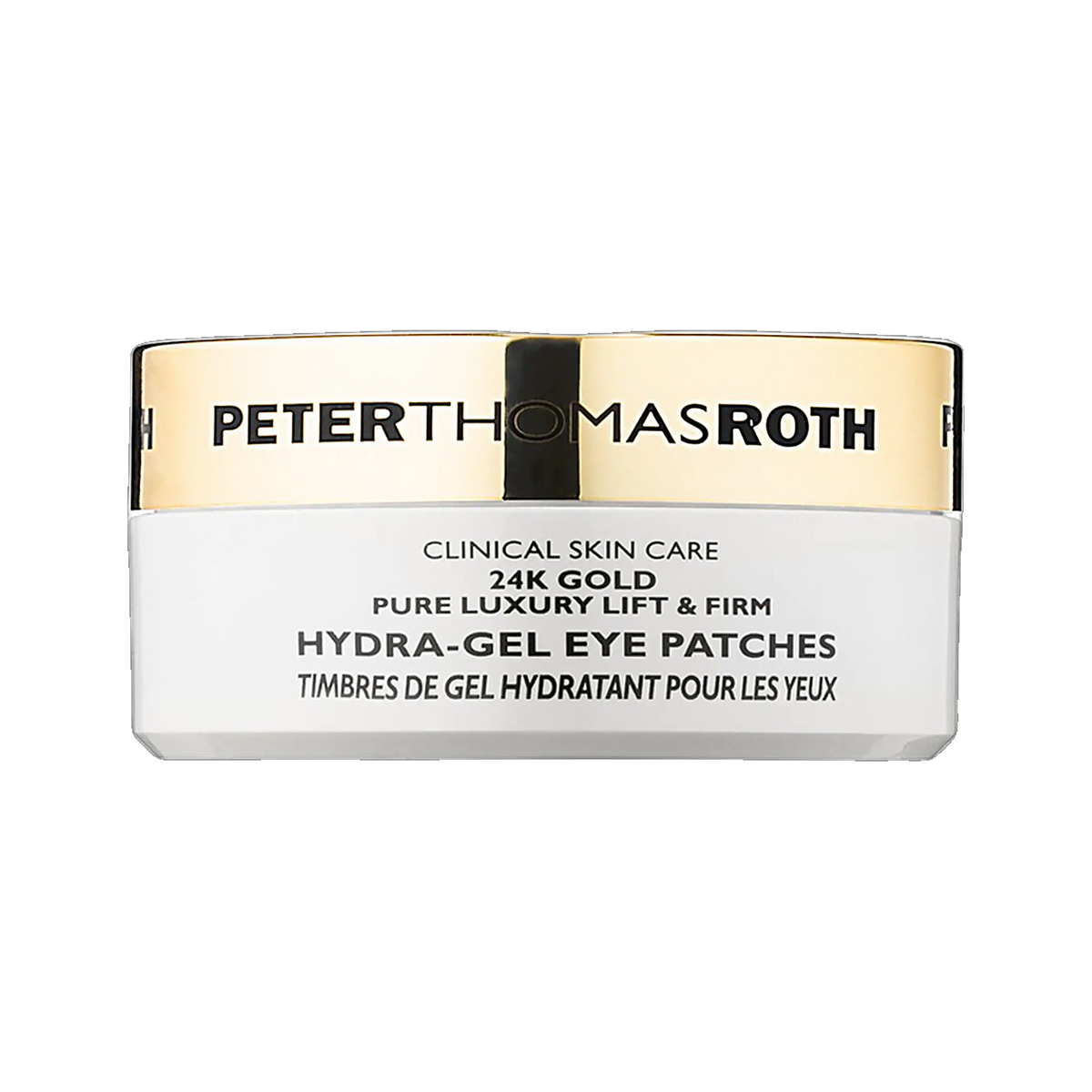 Peter Thomas Roth 24K Gold Pure Luxury Lift and Firm Hydra Gel Eye Patches jar on white background