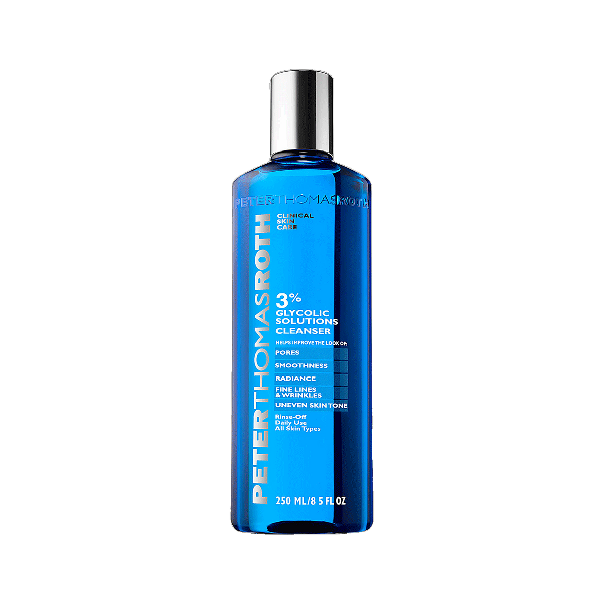 Peter Thomas Roth 3 Percent Glycolic Solutions Cleanser bottle on transparent background