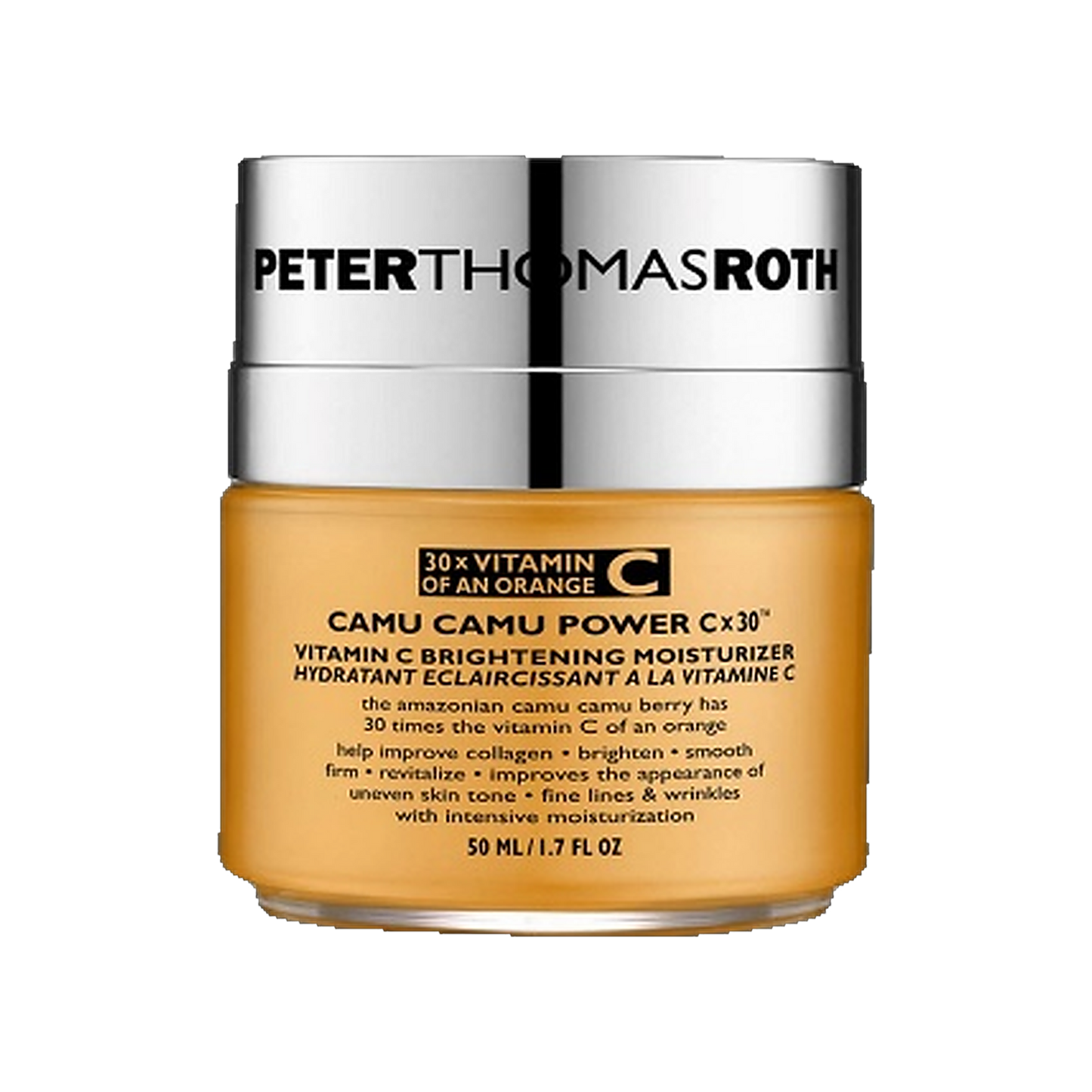 Peter Thomas Roth Camu Camu Power V-C Brightening Moisturizer jar on transparent background