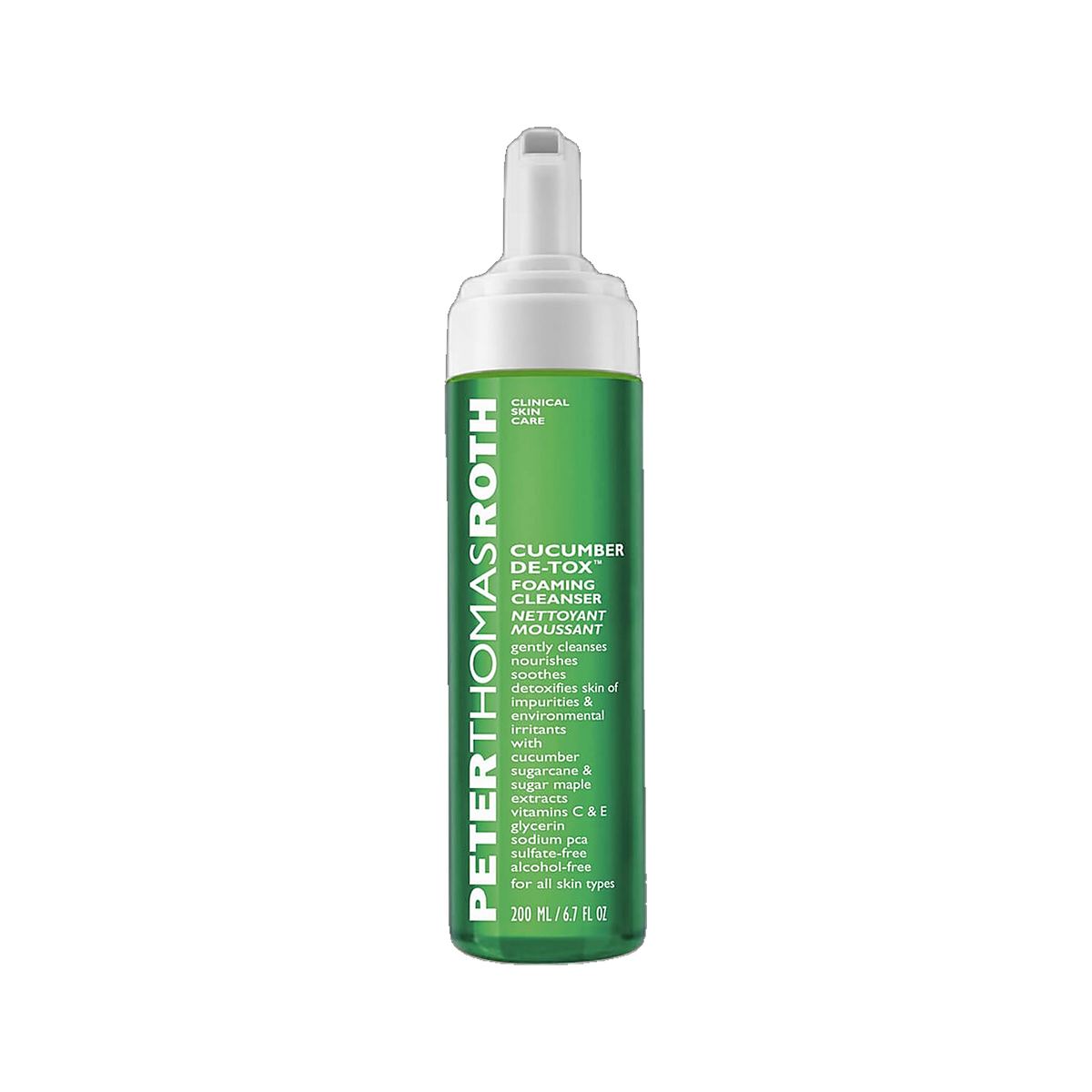 Peter Thomas Roth Cucumber De-Tox Foaming Cleanser bottle on transparent background