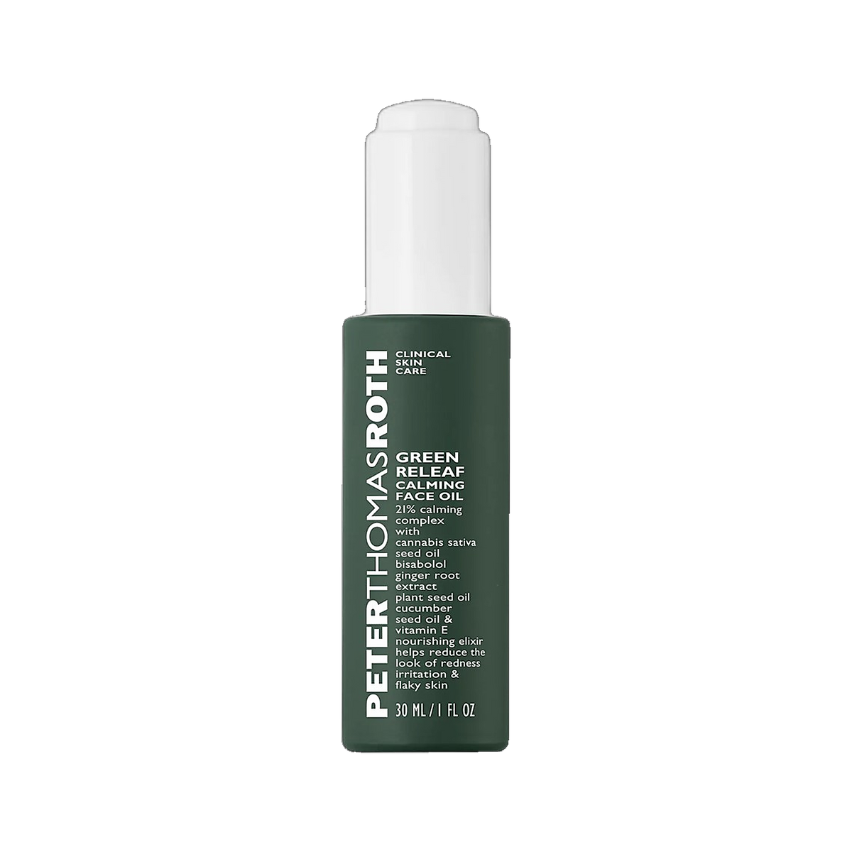Peter Thomas Roth Green Releaf Calming Face Oil bottle on transparent background
