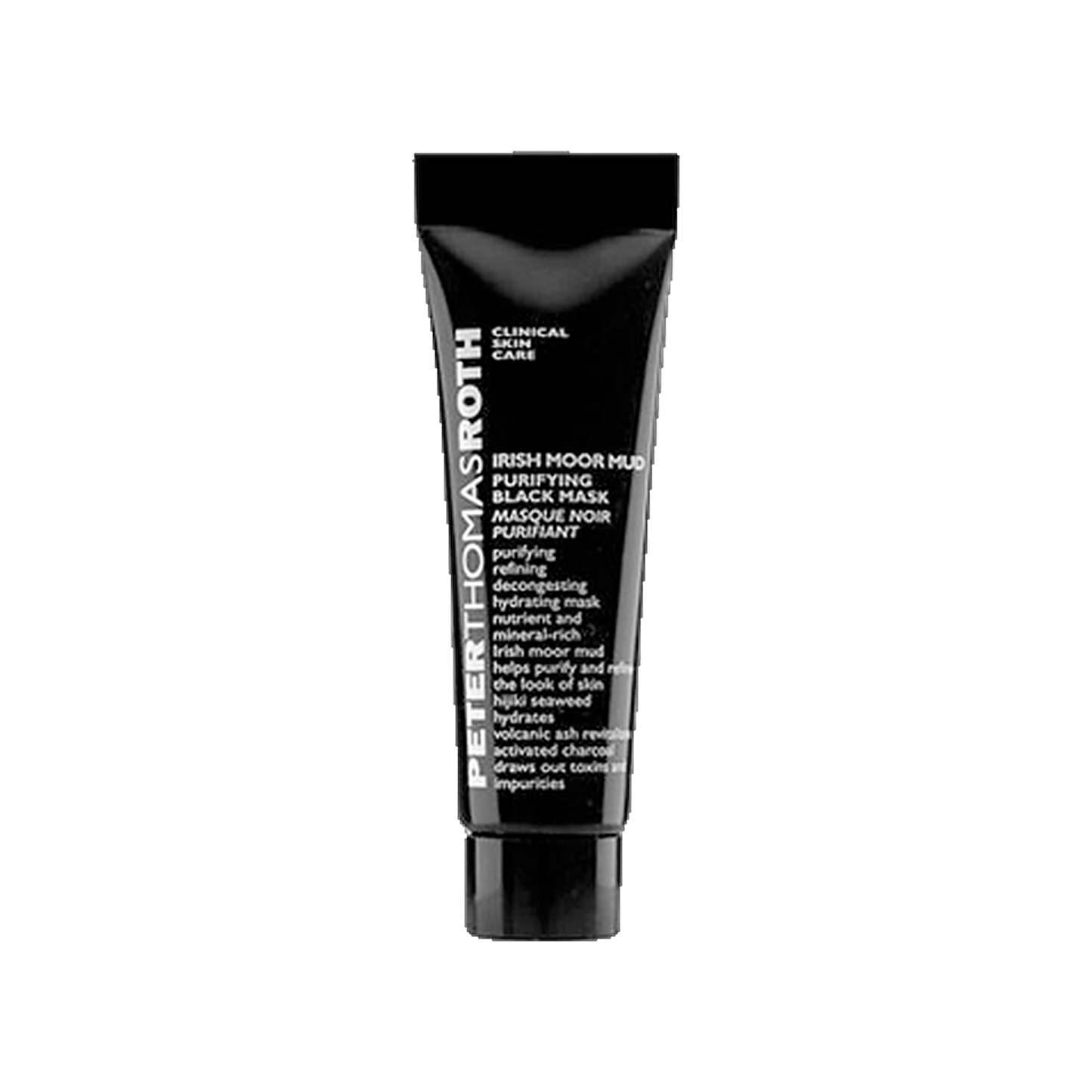 Peter Thomas Roth Irish Moor Mud Purifying Black Mask travel size tube on transparent background