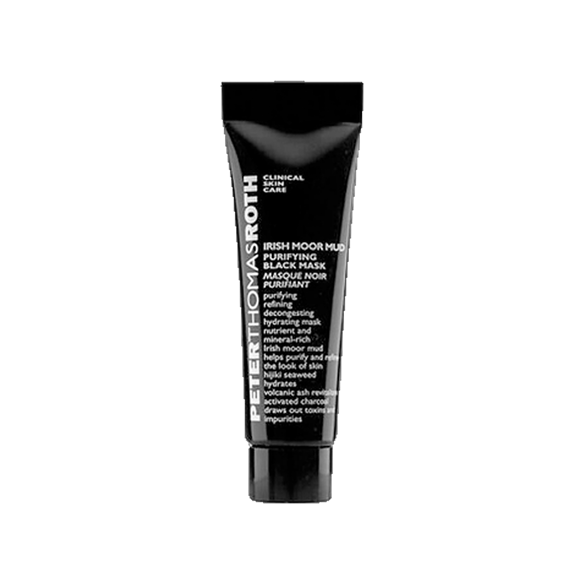 Peter Thomas Roth Irish Moor Mud Purifying Black Mask travel size tube on transparent background