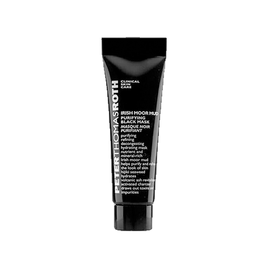 Peter Thomas Roth Irish Moor Mud Purifying Black Mask travel size tube on transparent background