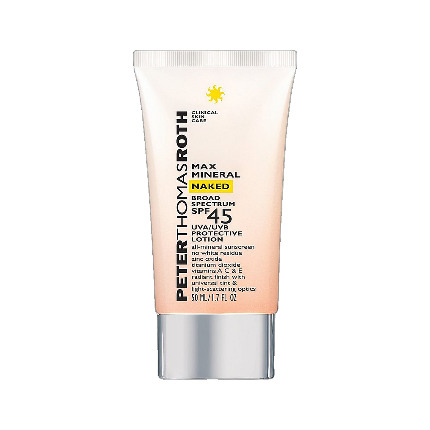 Peter Thomas Roth Max Mineral Naked Broad Spectrum SPF 45 tube on transparent background