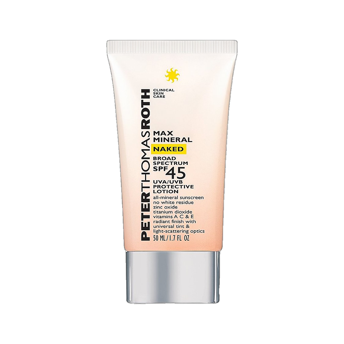 Peter Thomas Roth Max Mineral Naked Broad Spectrum SPF 45 tube on white background
