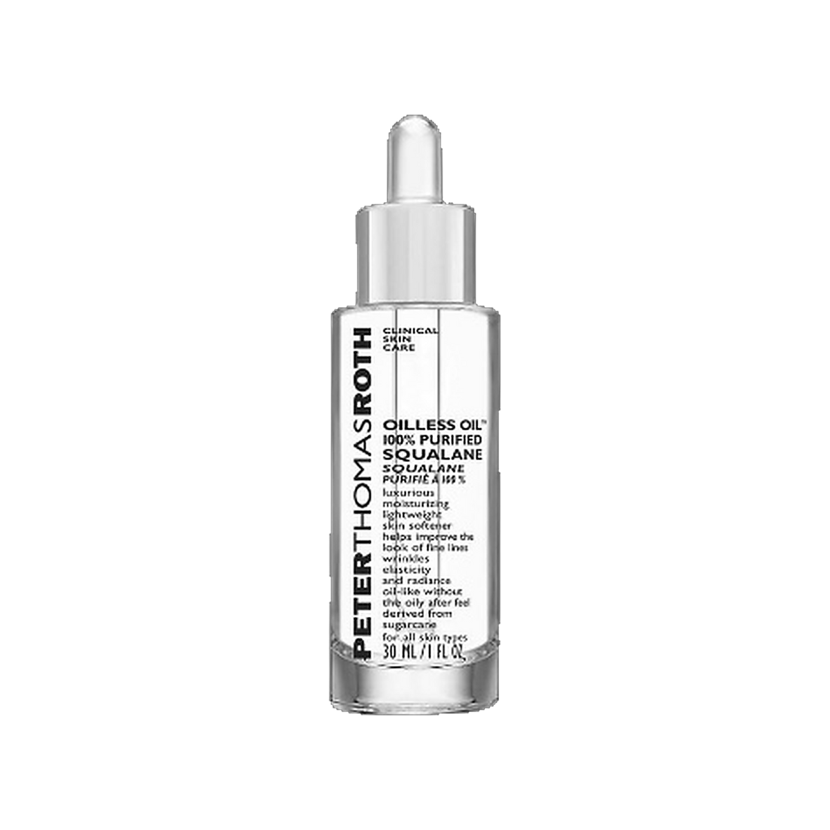 Peter Thomas Roth Oilless Oil 100 Percent Purified Squalane dropper bottle on transparent background