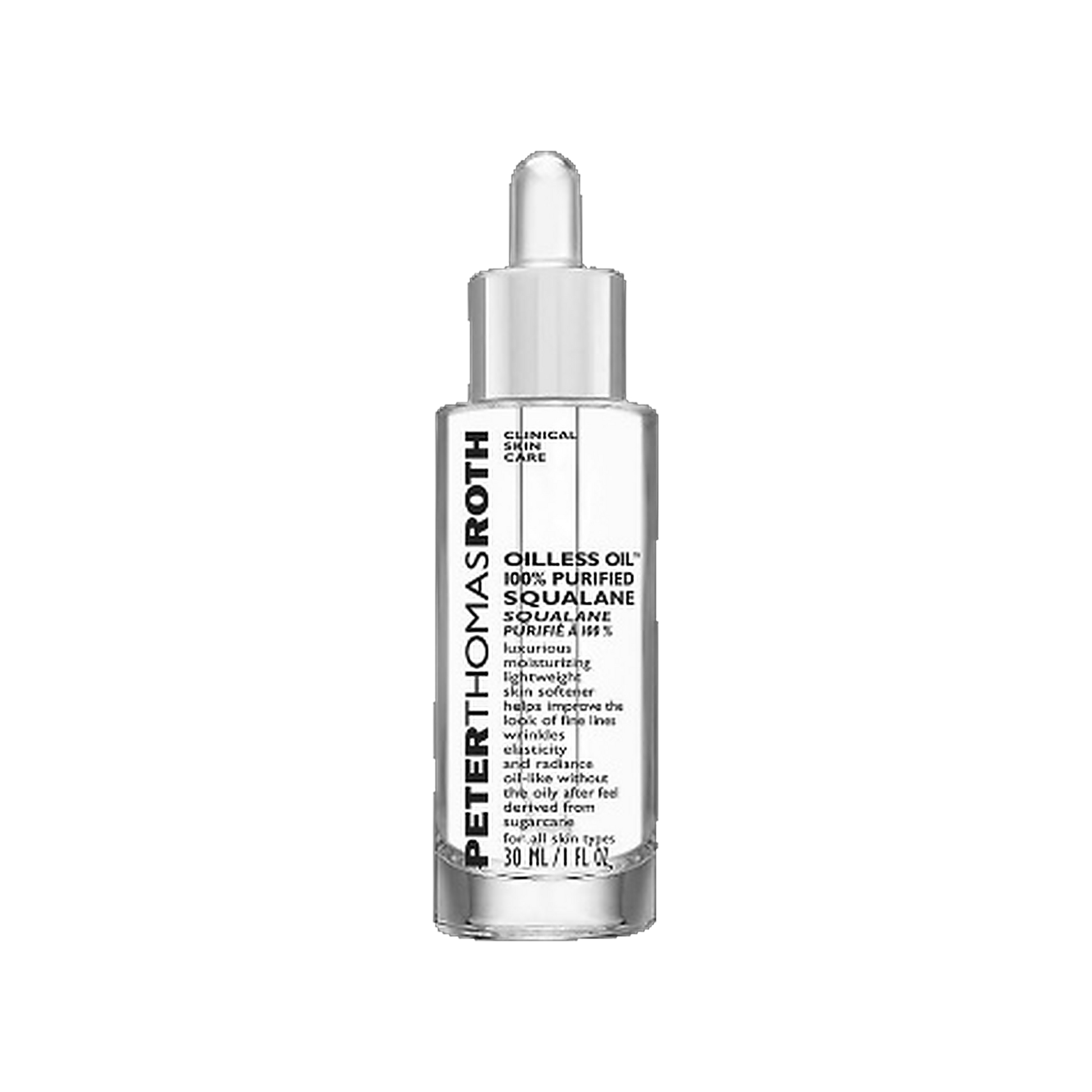 Peter Thomas Roth Oilless Oil 100 Percent Purified Squalane dropper bottle on transparent background
