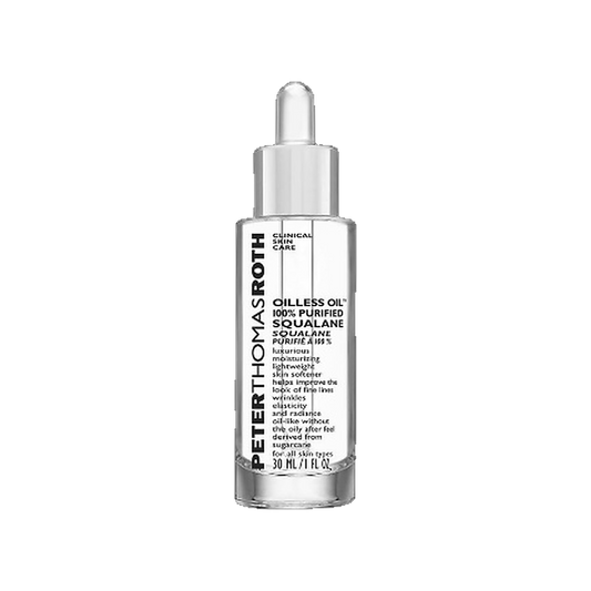 Peter Thomas Roth Oilless Oil 100 Percent Purified Squalane dropper bottle on transparent background