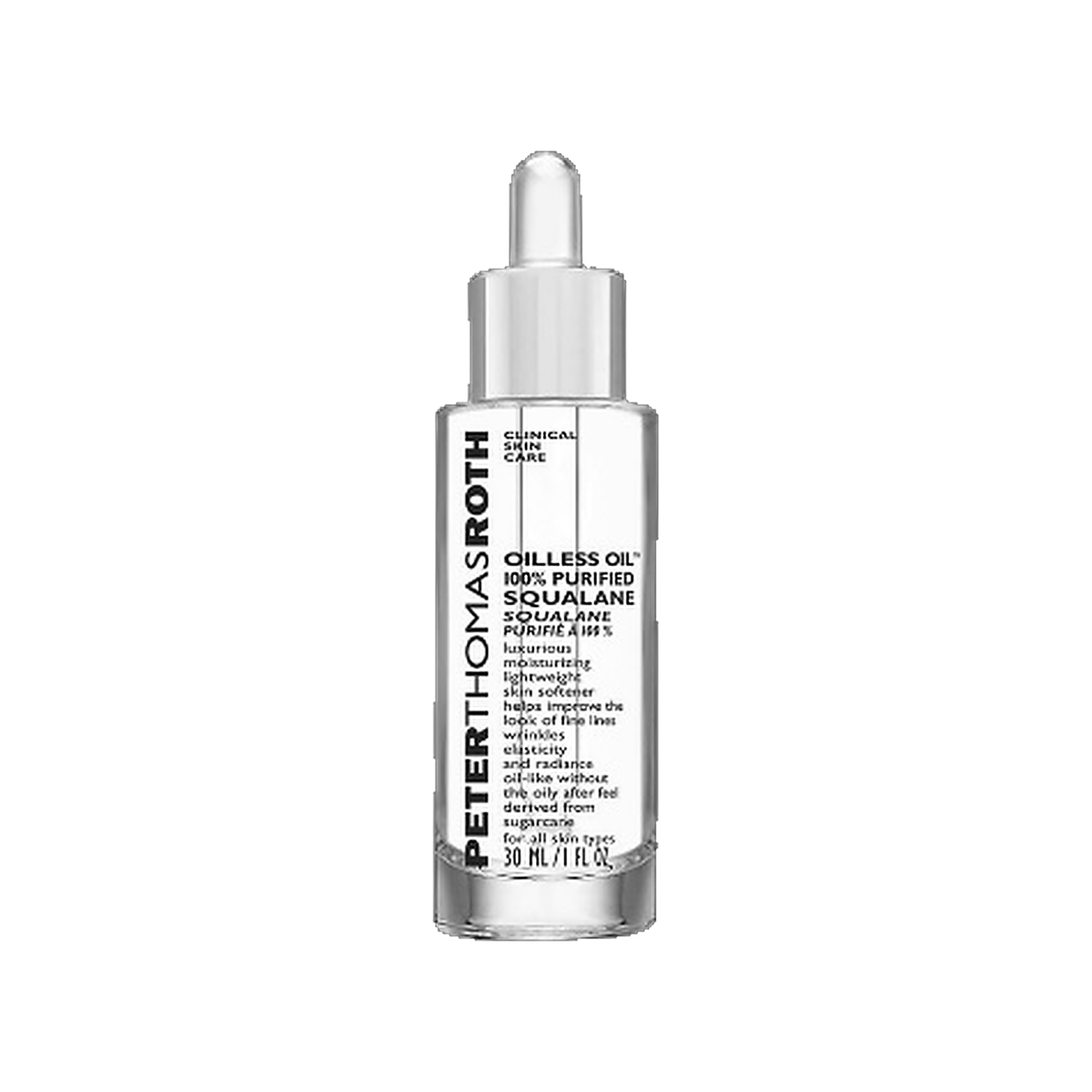 Peter Thomas Roth Oilless Oil 100 Percent Purified Squalane dropper bottle on white background