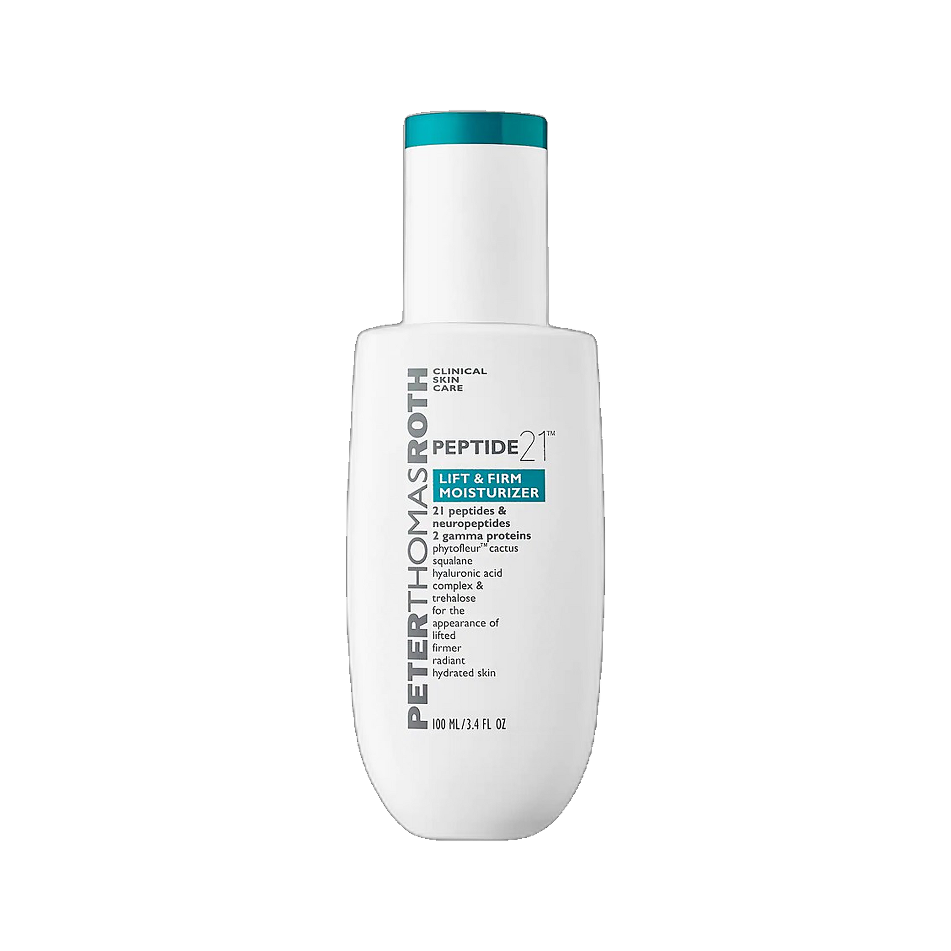 Peter Thomas Roth Peptide-21 Lift and Firm Moisturizer pump bottle on transparent background