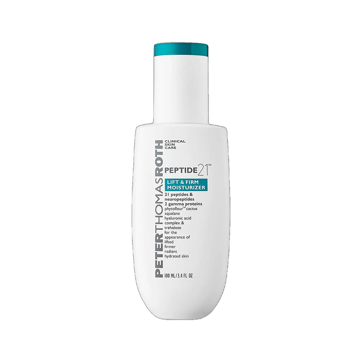 Peter Thomas Roth Peptide-21 Lift and Firm Moisturizer pump bottle on white background