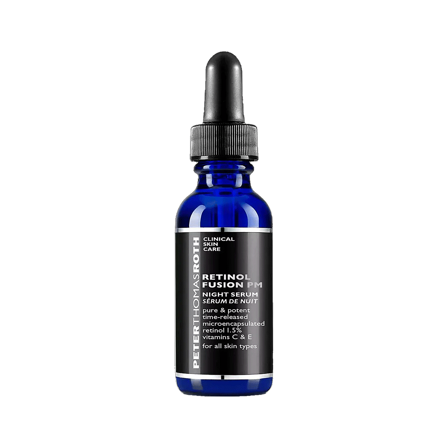 Peter Thomas Roth Retinol Fusion PM Night Serum bottle on transparent background