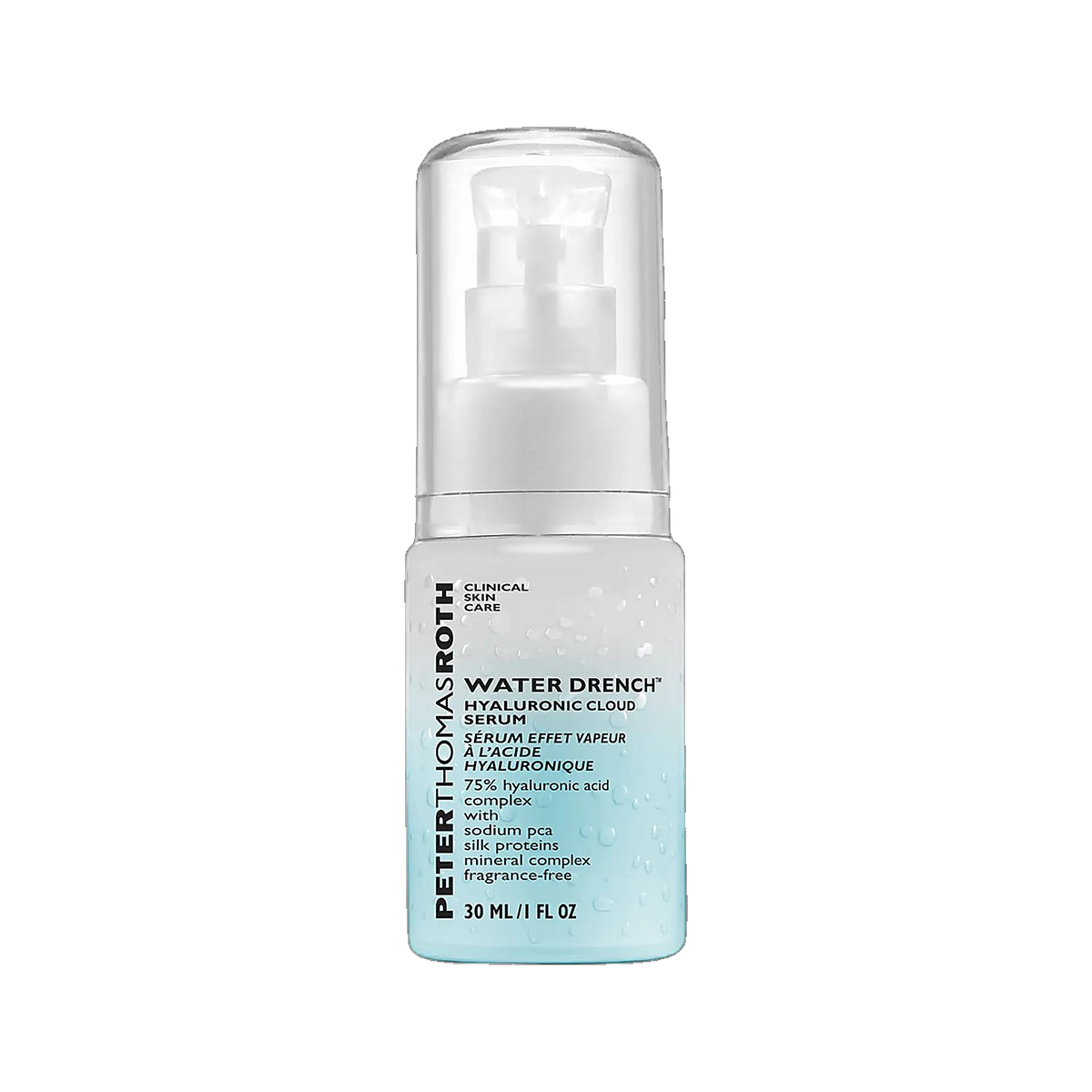 Peter Thomas Roth Water Drench Hyaluronic Cloud Serum pump bottle on transparent background