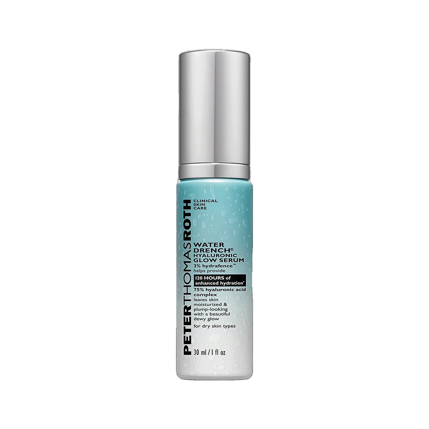 Peter Thomas Roth Water Drench Hyaluronic Glow Serum bottle on transparent background