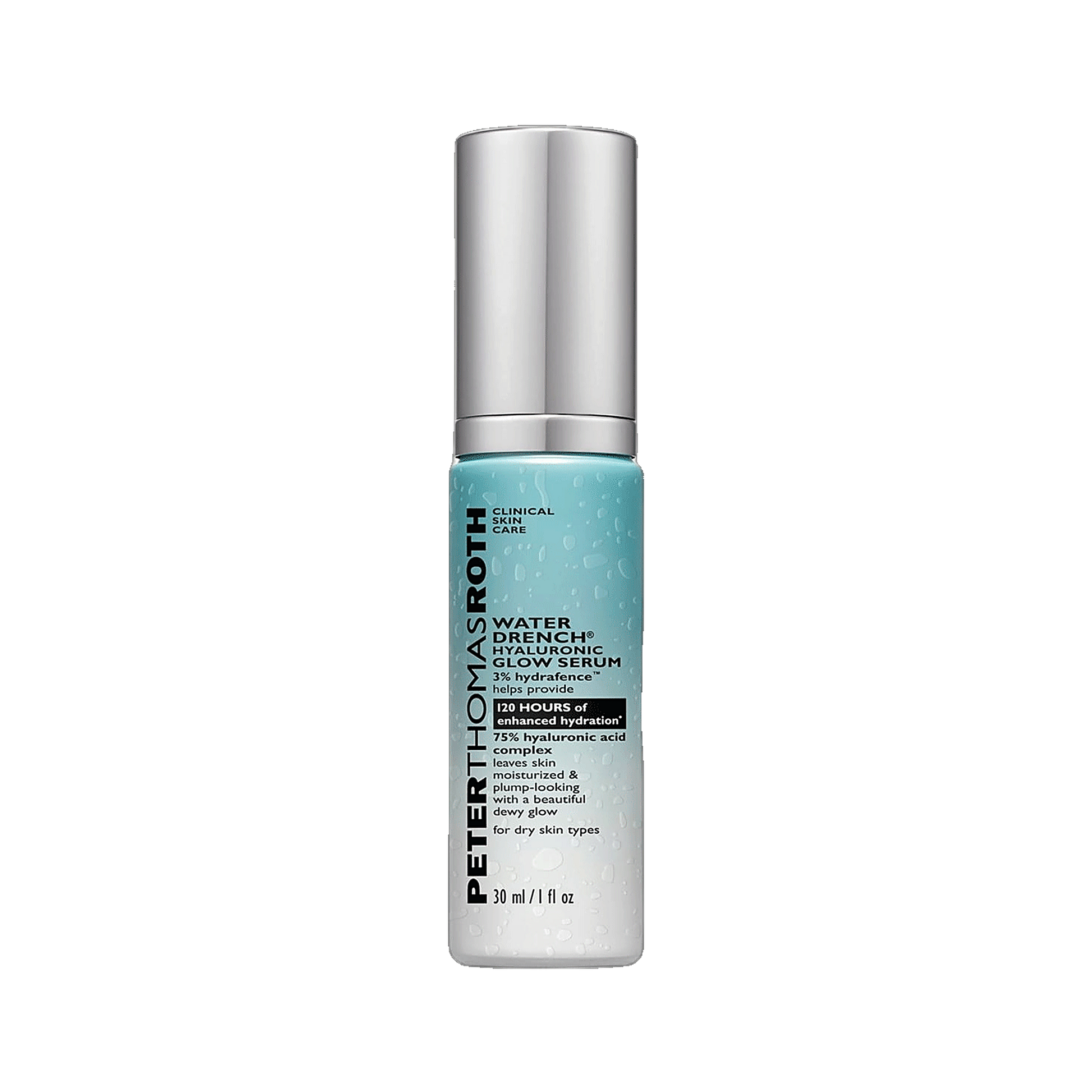 Peter Thomas Roth Water Drench Hyaluronic Glow Serum bottle on transparent background