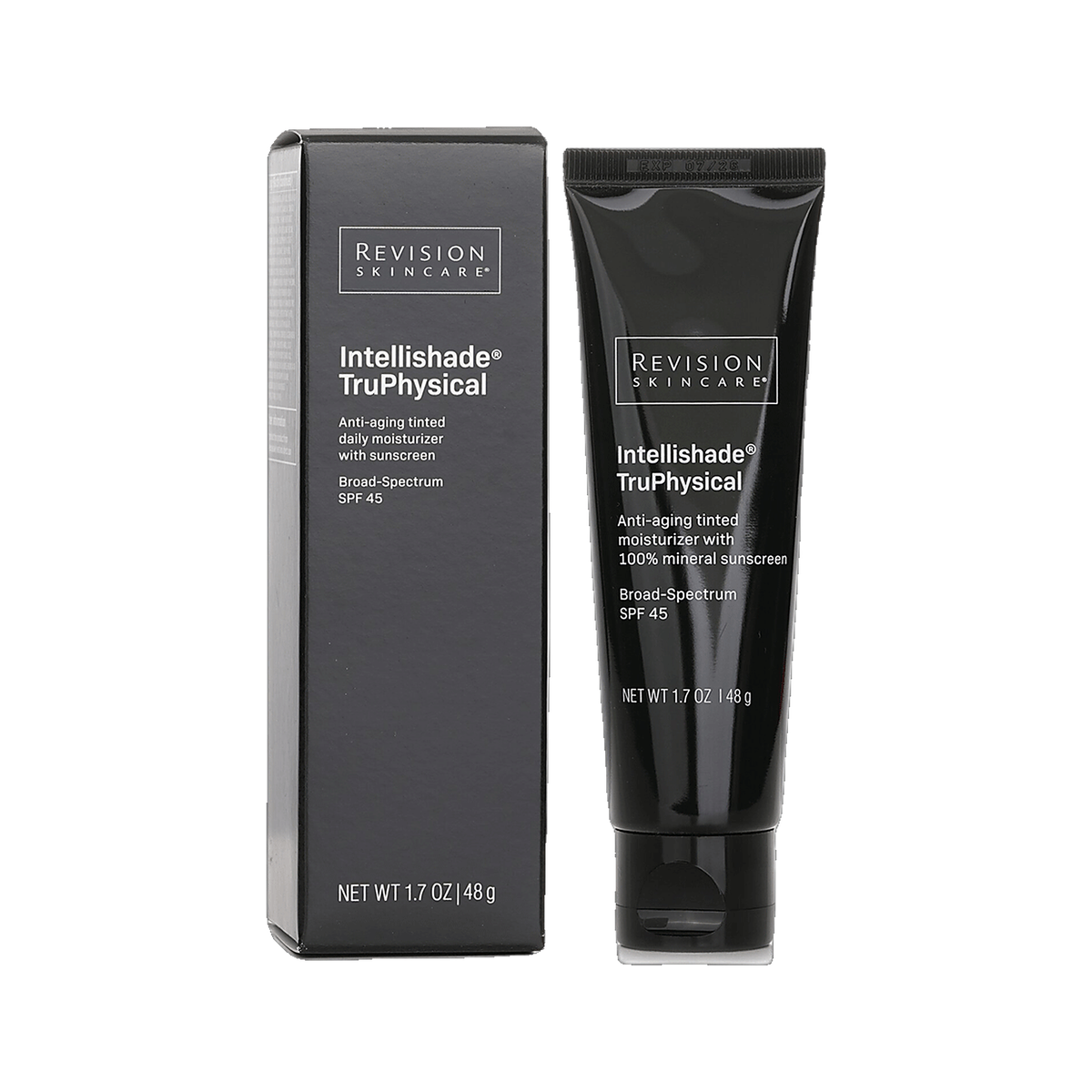 Revision Skincare Intellishade TruPhysical SPF 45 tube with box on white background