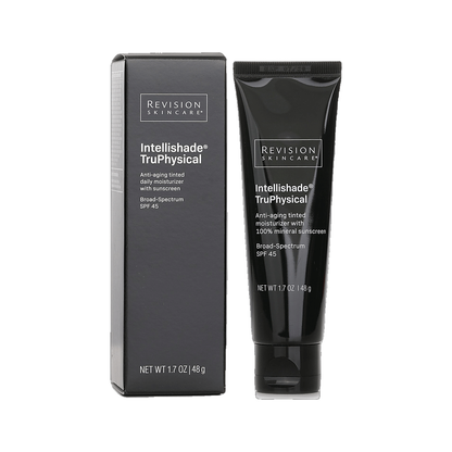 Revision Skincare Intellishade TruPhysical SPF 45 tube with box on white background