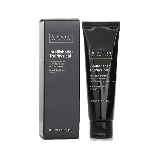 Revision Skincare Intellishade TruPhysical SPF 45 tube with box on white background