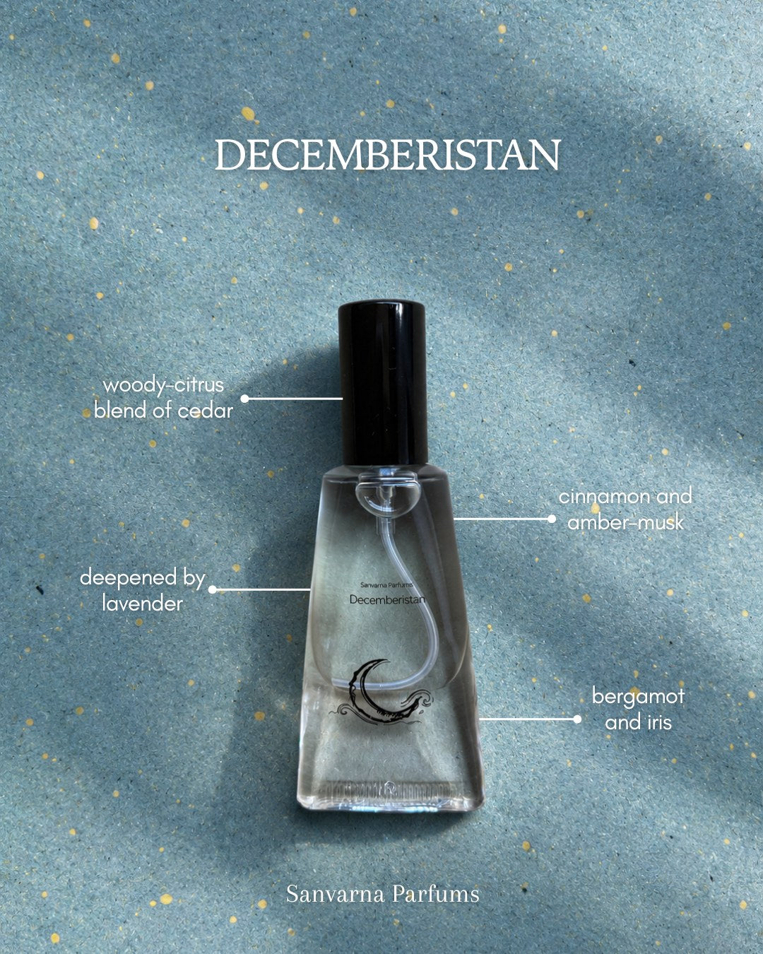 Sanvarna Decemberistan eau de parfum fragrance notes, cedar, bergamot and sandalwood