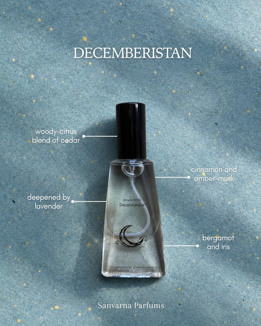 Sanvarna Decemberistan eau de parfum fragrance notes, cedar, bergamot and sandalwood